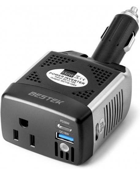 BESTEK 150W Power Inverter with PD 30W and QC 18W Dual Charging Ports